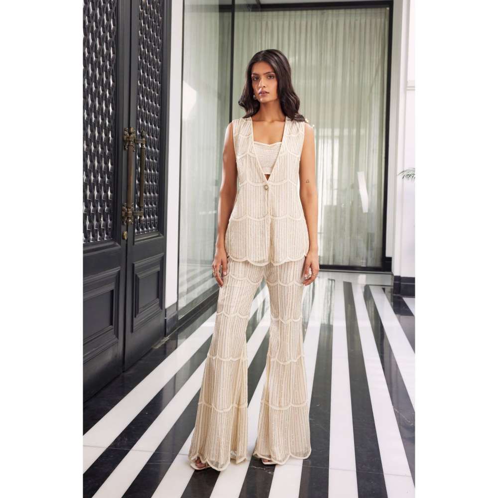 CHARU AND VASUNDHARA Esta Ivory Pant with Bralette & Coat (Set of 3)