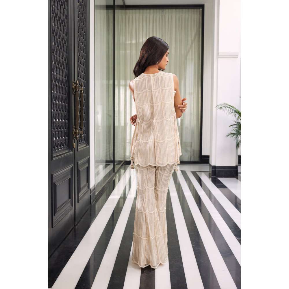 CHARU AND VASUNDHARA Esta Ivory Pant with Bralette & Coat (Set of 3)