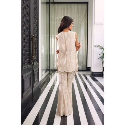 CHARU AND VASUNDHARA Esta Ivory Pant with Bralette & Coat (Set of 3)