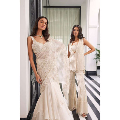 CHARU AND VASUNDHARA Esta Ivory Pant with Bralette & Coat (Set of 3)