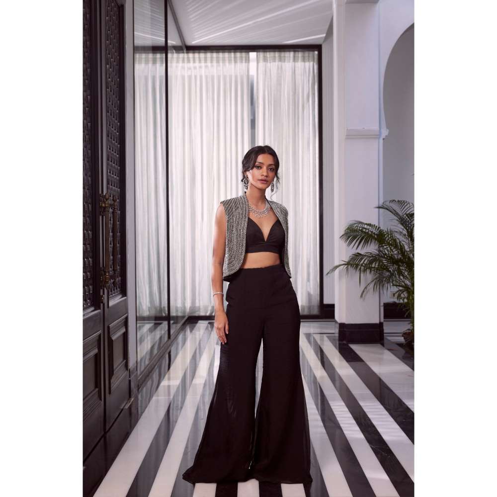 CHARU AND VASUNDHARA Eva Black Jacket with Bralette & Pant (Set of 3)