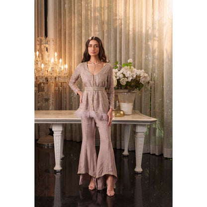 CHARU AND VASUNDHARA Emer Lavender Ethnic Jacket with Belt & Pant (Set of 3)