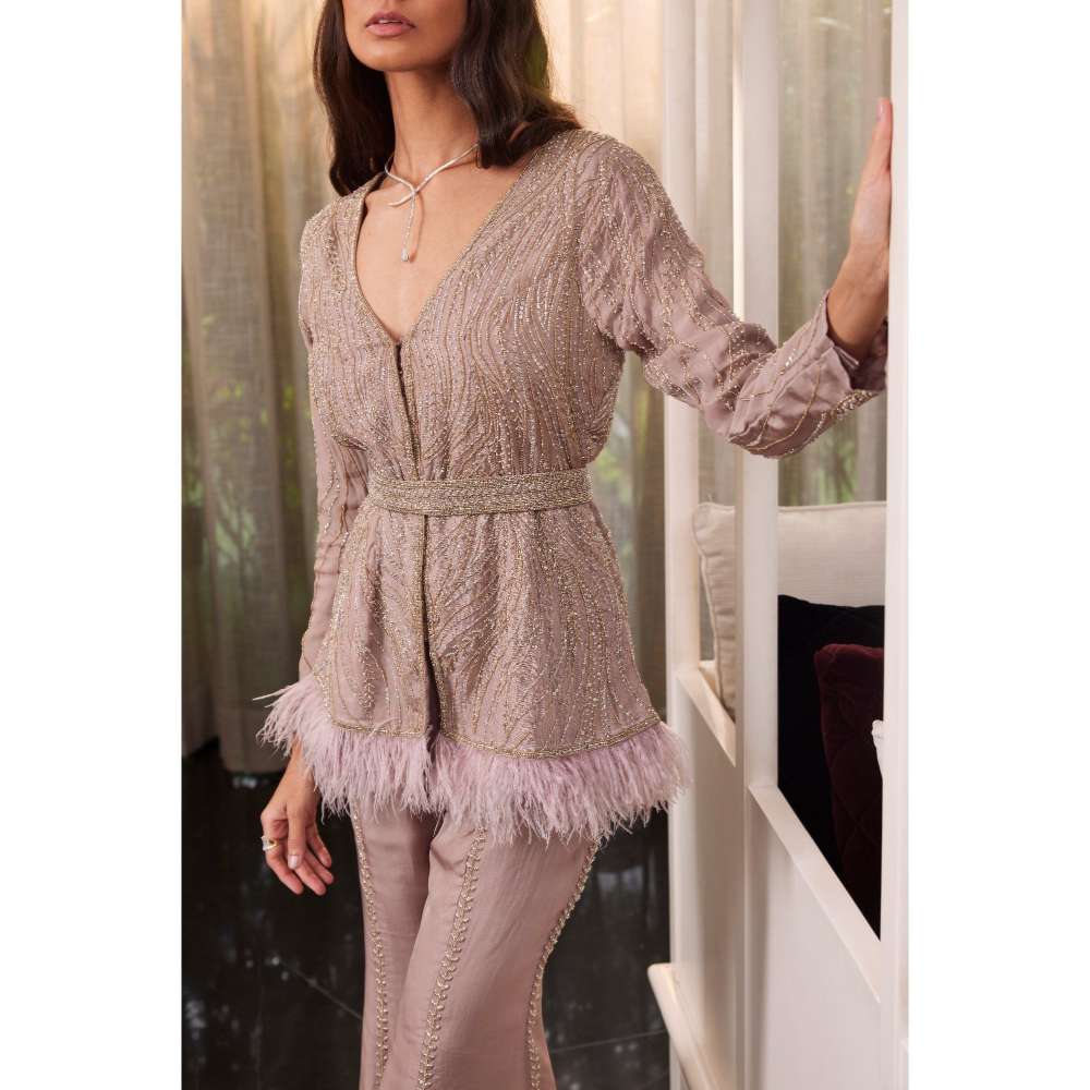 CHARU AND VASUNDHARA Emer Lavender Ethnic Jacket with Belt & Pant (Set of 3)