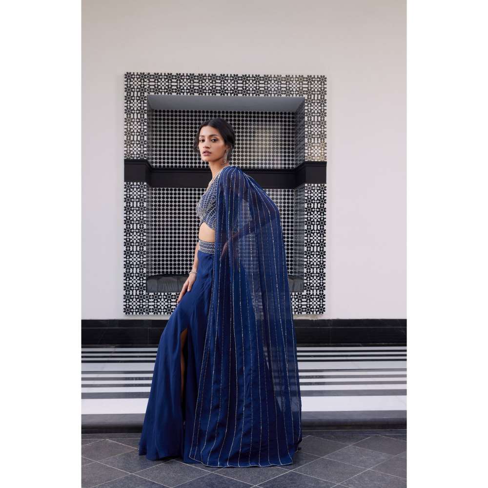 CHARU AND VASUNDHARA Erika Electric Blue Ethnic Skirts with Blouse (Set of 2)