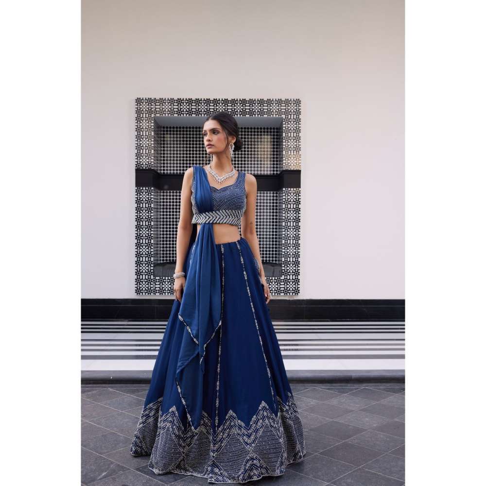 CHARU AND VASUNDHARA Ezra Electric Teal Classic Blouse with Skirt (Set of 3)