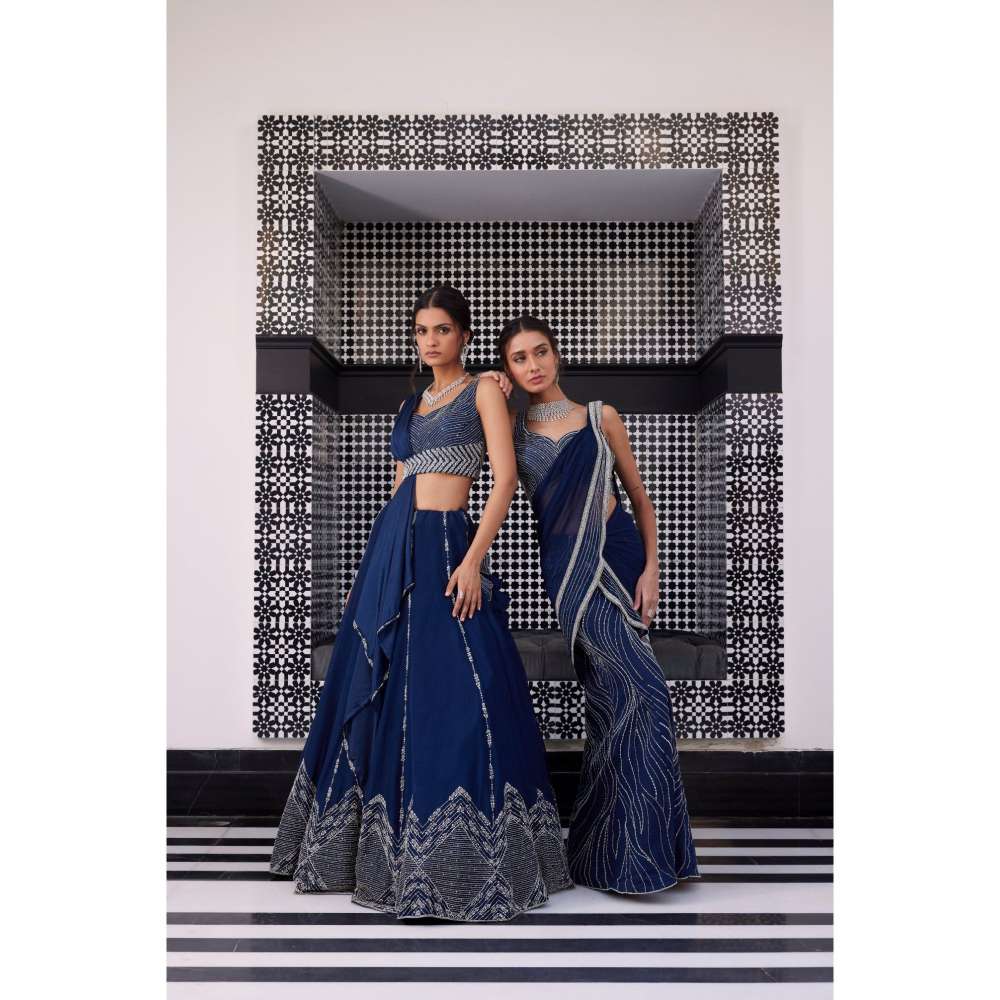 CHARU AND VASUNDHARA Ezra Electric Teal Classic Blouse with Skirt (Set of 3)