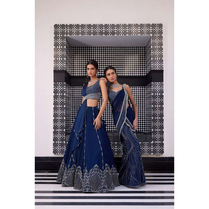 CHARU AND VASUNDHARA Ezra Electric Teal Classic Blouse with Skirt (Set of 3)