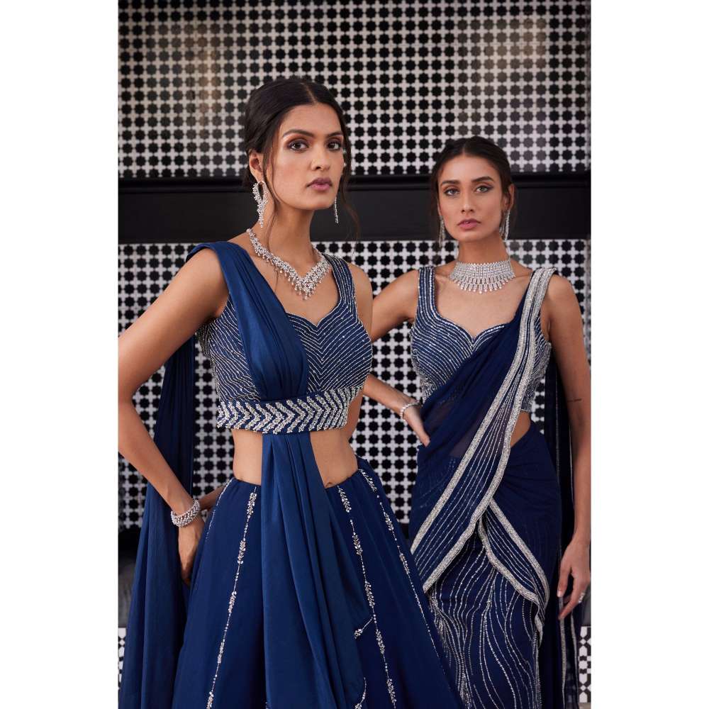 CHARU AND VASUNDHARA Ezra Electric Teal Classic Blouse with Skirt (Set of 3)