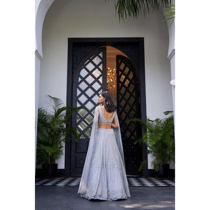 CHARU AND VASUNDHARA Ella Powder Blue Classic Lehenga with Blouse (Set of 2)