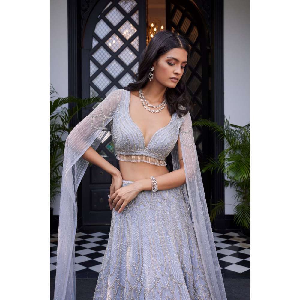 CHARU AND VASUNDHARA Ella Powder Blue Classic Lehenga with Blouse (Set of 2)