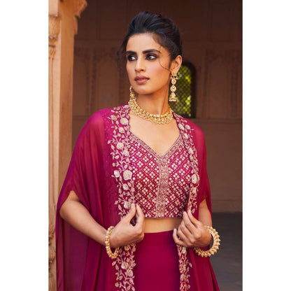 CHARU AND VASUNDHARA Raspberry Lehenga with Blouse & Cape (Set of 3)