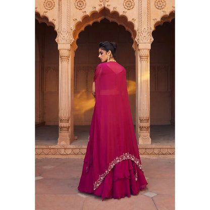 CHARU AND VASUNDHARA Raspberry Lehenga with Blouse & Cape (Set of 3)
