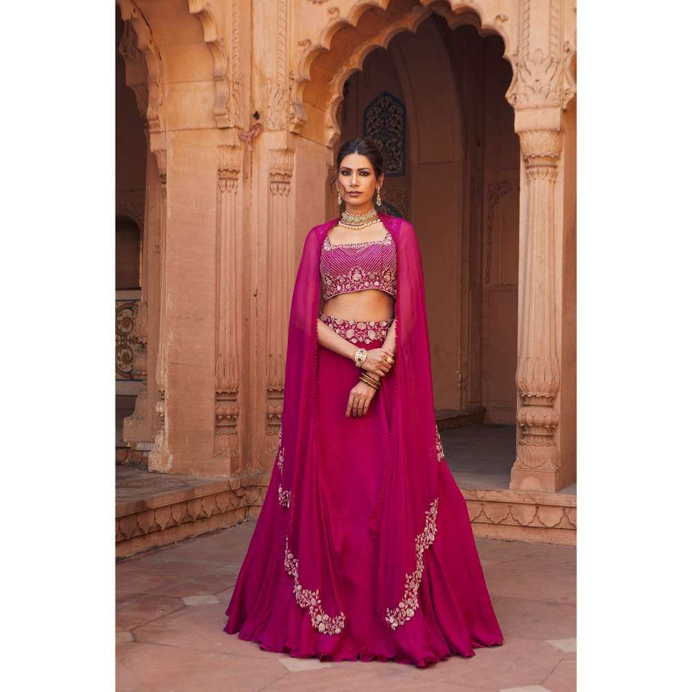 CHARU AND VASUNDHARA Raspberry Lehenga with Blouse & Dupatta (Set of 3)