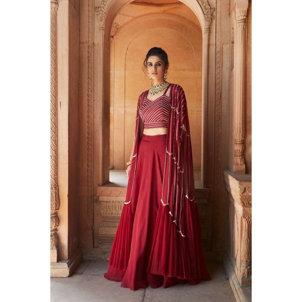 CHARU AND VASUNDHARA Oxblood Lehenga with Blouse & Cape (Set of 3)