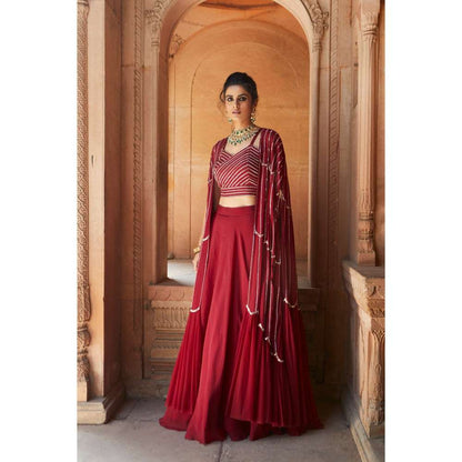 CHARU AND VASUNDHARA Oxblood Lehenga with Blouse & Cape (Set of 3)