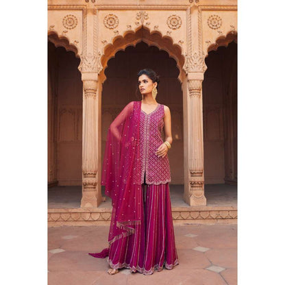 CHARU AND VASUNDHARA Raspberry Kurti with Sharara & Dupatta (Set of 3)