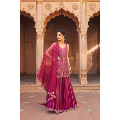 CHARU AND VASUNDHARA Raspberry Kurti with Sharara & Dupatta (Set of 3)