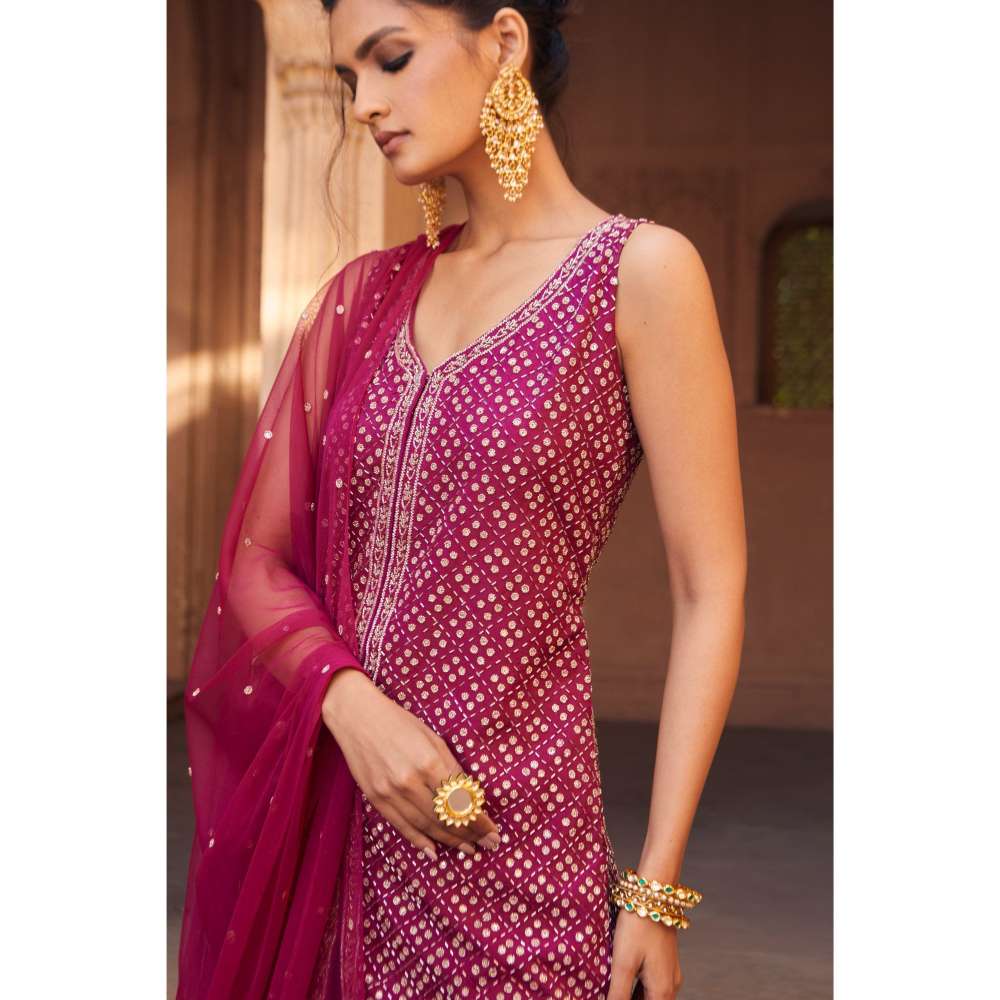 CHARU AND VASUNDHARA Raspberry Kurti with Sharara & Dupatta (Set of 3)