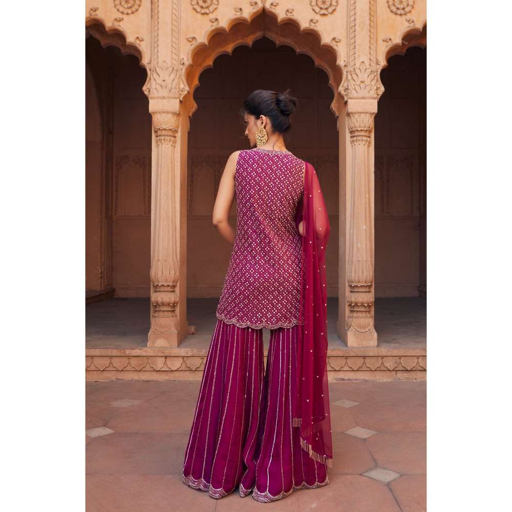 CHARU AND VASUNDHARA Raspberry Kurti with Sharara & Dupatta (Set of 3)