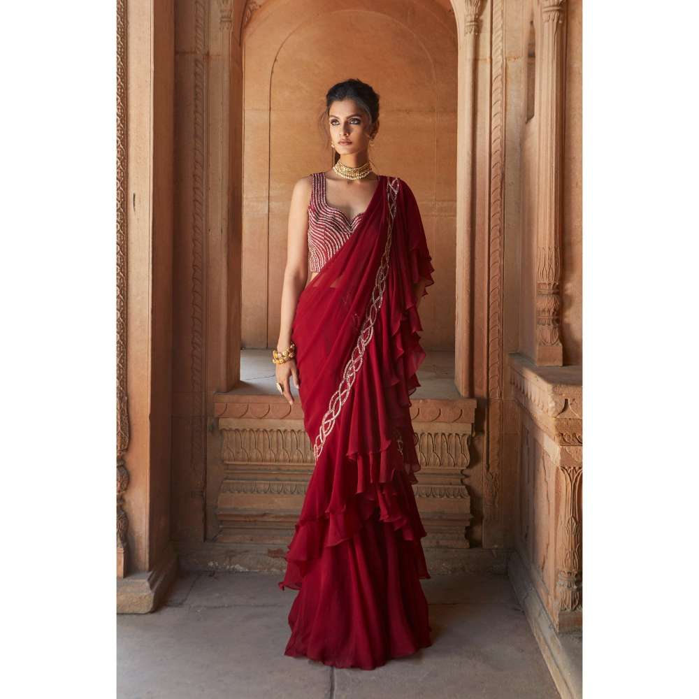 CHARU AND VASUNDHARA Oxblood Fusion Ruffle Saree with Stitched Blouse