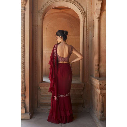 CHARU AND VASUNDHARA Oxblood Fusion Ruffle Saree with Stitched Blouse