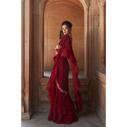 CHARU AND VASUNDHARA Oxblood Fusion Ruffle Saree with Stitched Blouse