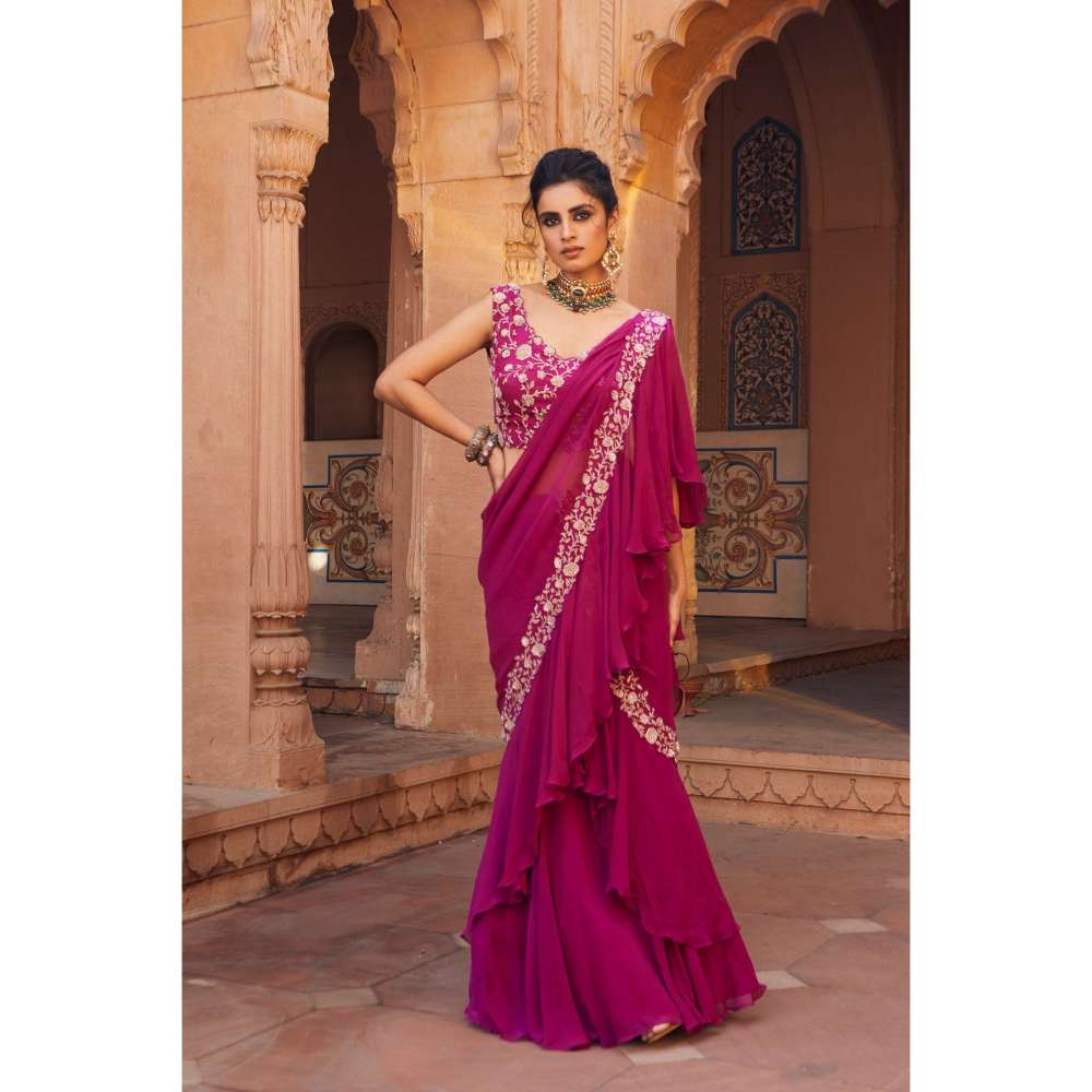 CHARU AND VASUNDHARA Raspberry Fusion Ruffle Saree with Stitched Blouse