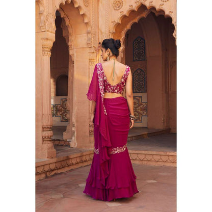 CHARU AND VASUNDHARA Raspberry Fusion Ruffle Saree with Stitched Blouse