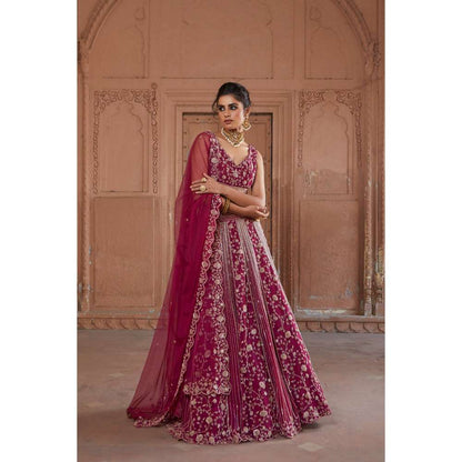 CHARU AND VASUNDHARA Raspberry Fusion Skirt with Blouse & Dupatta (Set of 3)