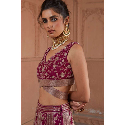 CHARU AND VASUNDHARA Raspberry Fusion Skirt with Blouse & Dupatta (Set of 3)