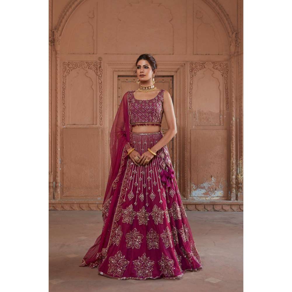 CHARU AND VASUNDHARA Raspberry Fusion Skirt with Blouse & Dupatta (Set of 3)