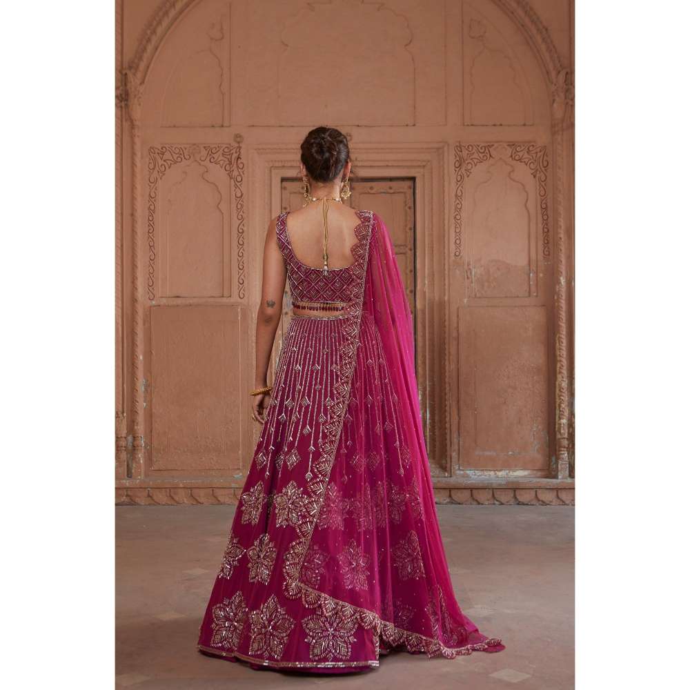 CHARU AND VASUNDHARA Raspberry Fusion Skirt with Blouse & Dupatta (Set of 3)