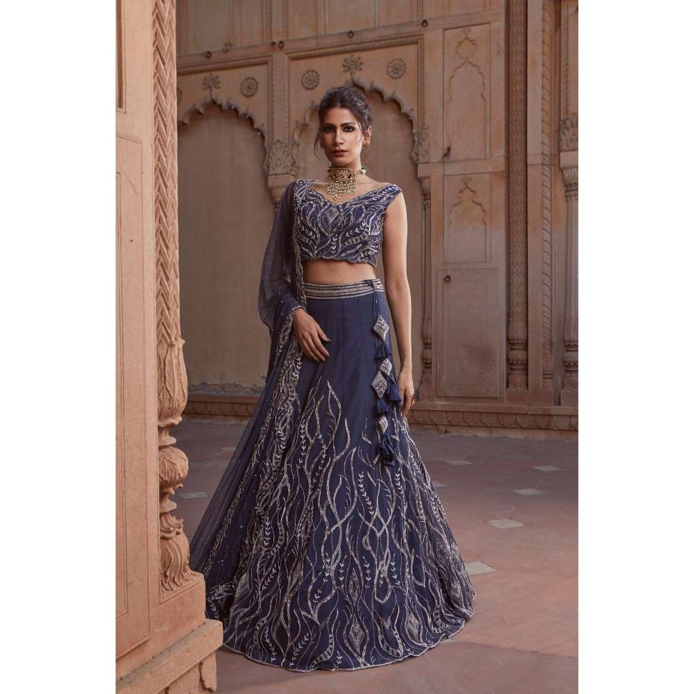 CHARU AND VASUNDHARA Navy Blue Fusion Skirt with Blouse & Dupatta (Set of 3)