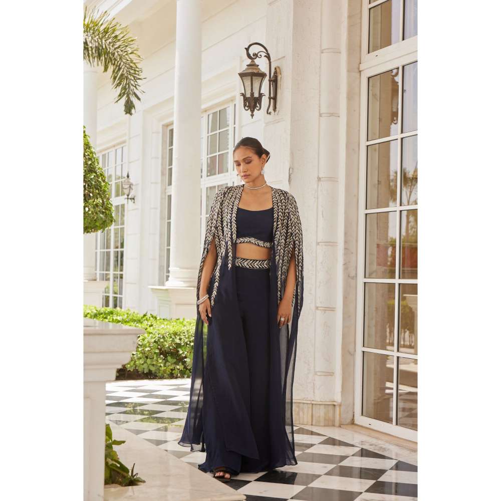 CHARU AND VASUNDHARA Sumlina Navy Blue Palazzo with Blouse & Cape (Set of 3)