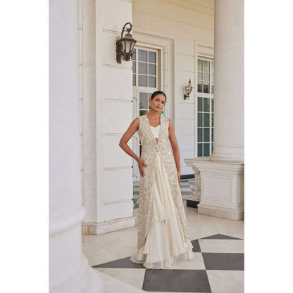 CHARU AND VASUNDHARA Surraya Ivory Ethnic Skirt with Bustier & Jacket (Set of 3)