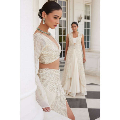 CHARU AND VASUNDHARA Surraya Ivory Ethnic Skirt with Bustier & Jacket (Set of 3)