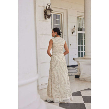 CHARU AND VASUNDHARA Surraya Ivory Ethnic Skirt with Bustier & Jacket (Set of 3)