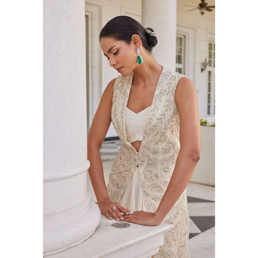 CHARU AND VASUNDHARA Surraya Ivory Ethnic Skirt with Bustier & Jacket (Set of 3)