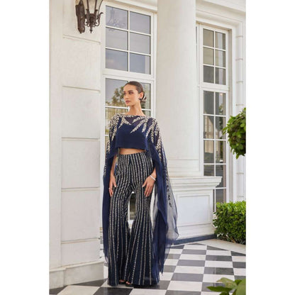 CHARU AND VASUNDHARA Sabuhi Navy Blue Pant with Bustier & Poncho (Set of 3)