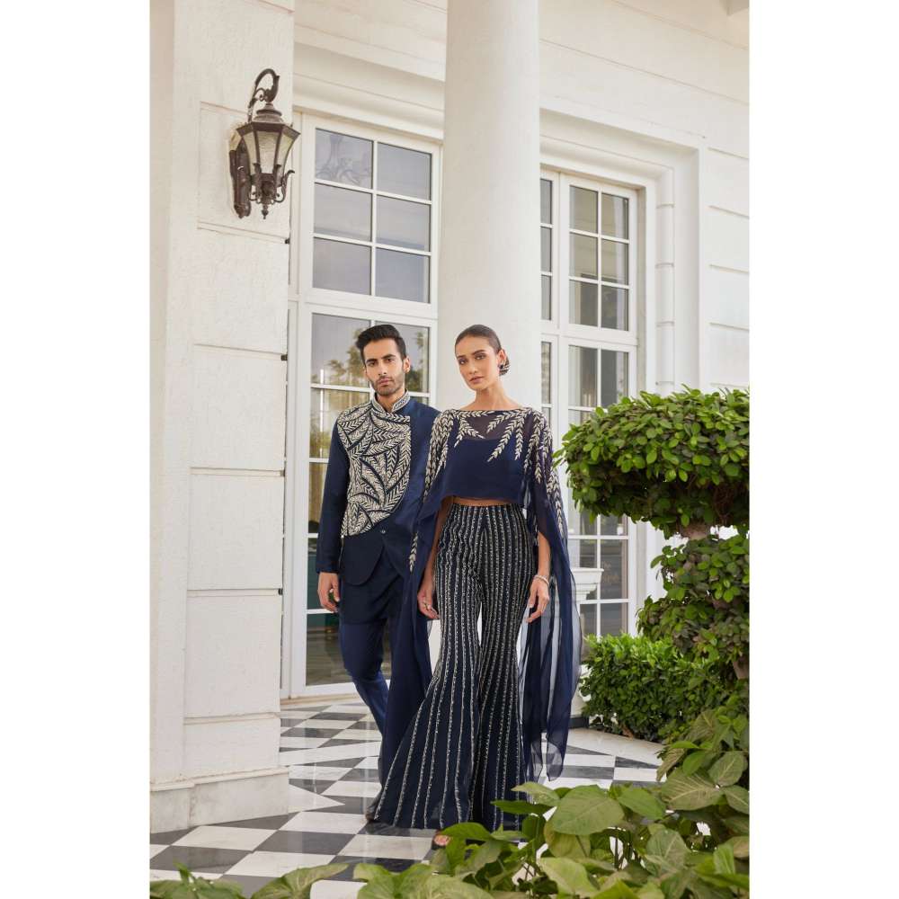 CHARU AND VASUNDHARA Sabuhi Navy Blue Pant with Bustier & Poncho (Set of 3)