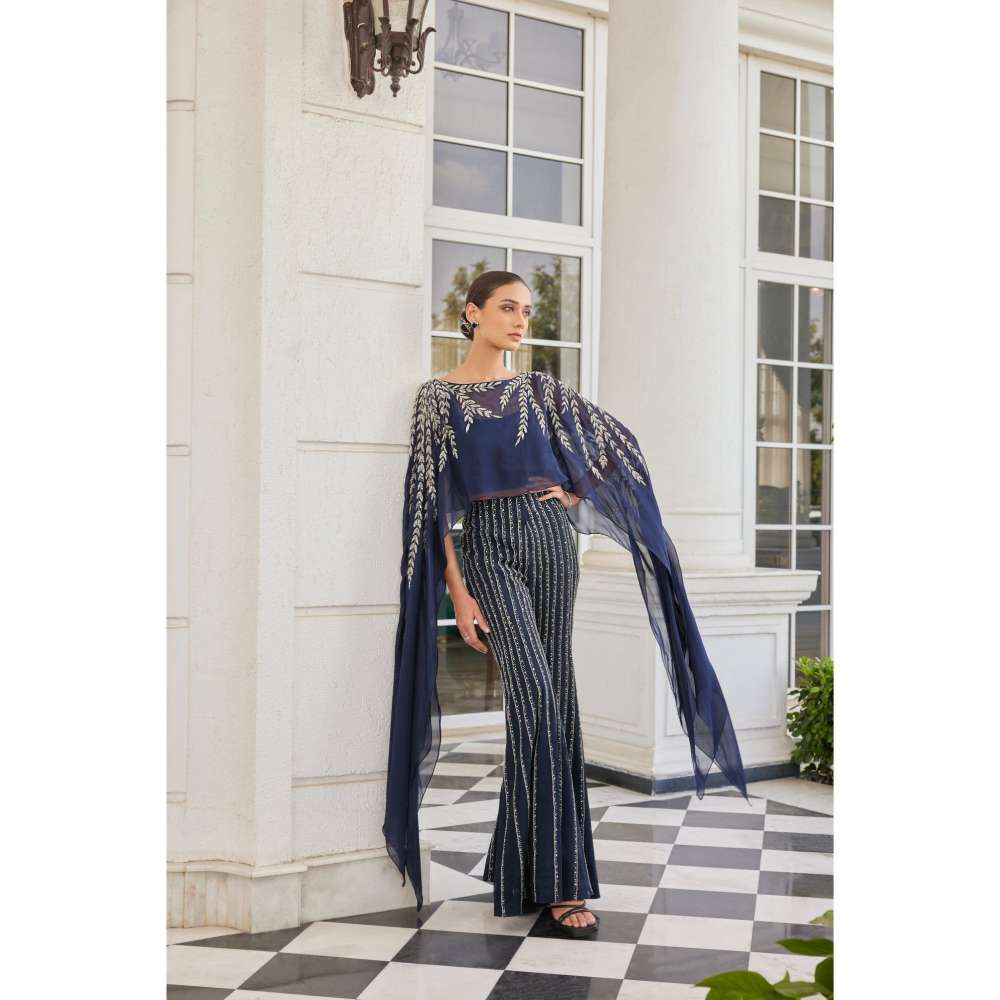 CHARU AND VASUNDHARA Sabuhi Navy Blue Pant with Bustier & Poncho (Set of 3)