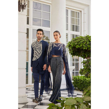 CHARU AND VASUNDHARA Sabuhi Navy Blue Pant with Bustier & Poncho (Set of 3)
