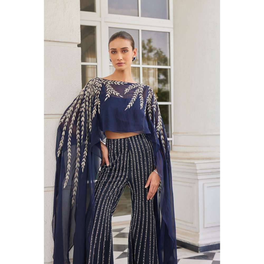 CHARU AND VASUNDHARA Sabuhi Navy Blue Pant with Bustier & Poncho (Set of 3)