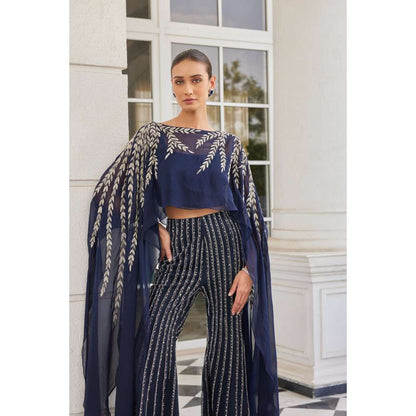 CHARU AND VASUNDHARA Sabuhi Navy Blue Pant with Bustier & Poncho (Set of 3)