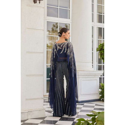 CHARU AND VASUNDHARA Sabuhi Navy Blue Pant with Bustier & Poncho (Set of 3)
