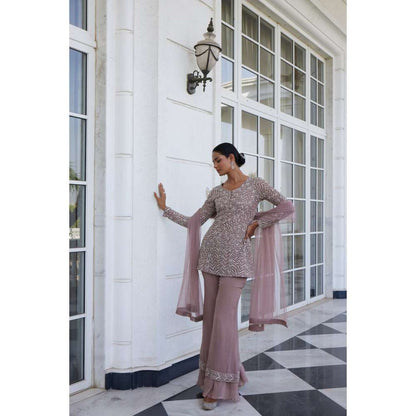 CHARU AND VASUNDHARA Selina Salmon Pink Kurti with Sharara & Dupatta (Set of 3)