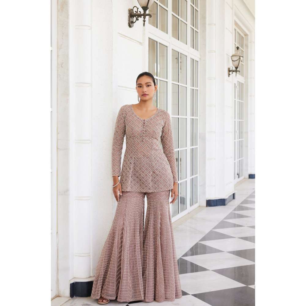 CHARU AND VASUNDHARA Shamsia Salmon Pink Kurti with Sharara (Set of 2)