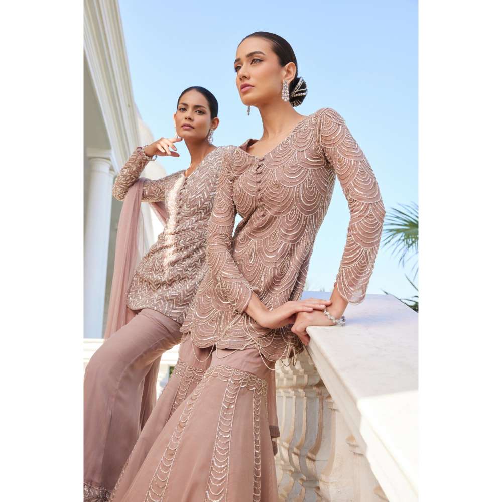 CHARU AND VASUNDHARA Shamsia Salmon Pink Kurti with Sharara (Set of 2)