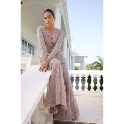 CHARU AND VASUNDHARA Shamsia Salmon Pink Kurti with Sharara (Set of 2)