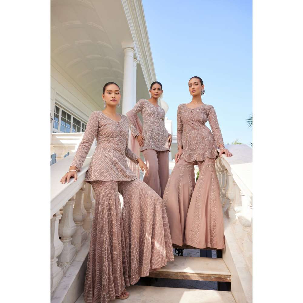 CHARU AND VASUNDHARA Shamsia Salmon Pink Kurti with Sharara (Set of 2)